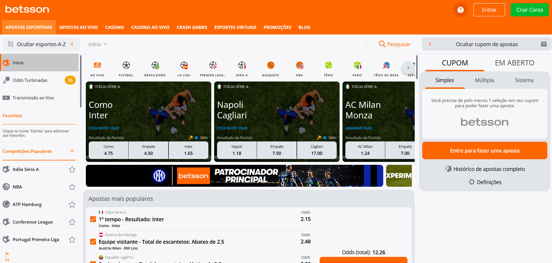 Seção de apostas esportivas na Betsson